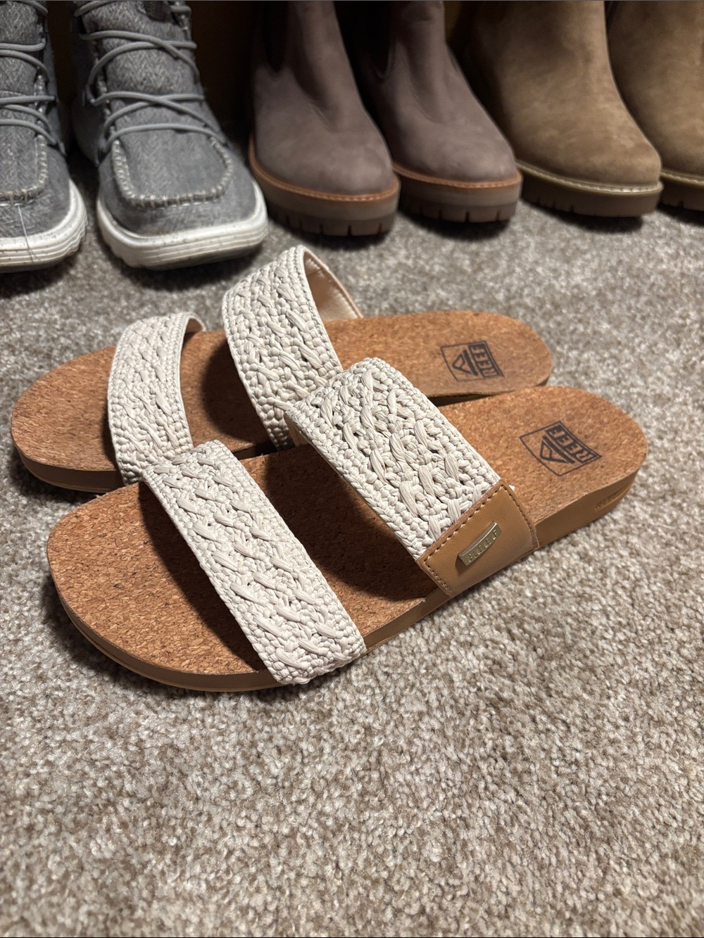 Reef Crochet Double-Strap Slides in Cream with Cork Footbed